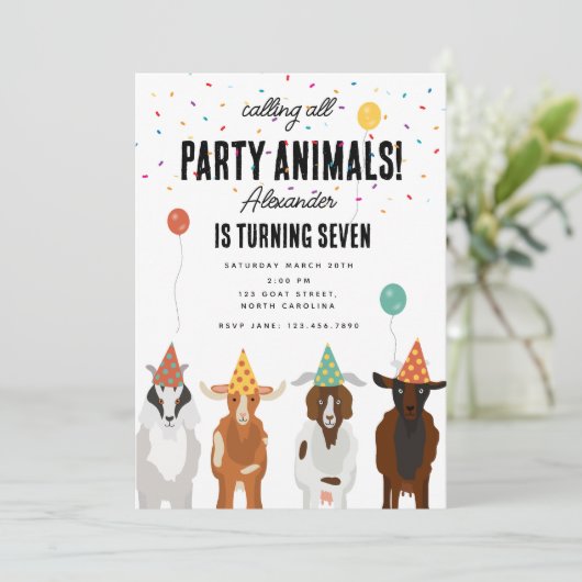 キュートヤグファームパーティー動物ヤギ誕生日テーマ 招待状 (スタンド正面)