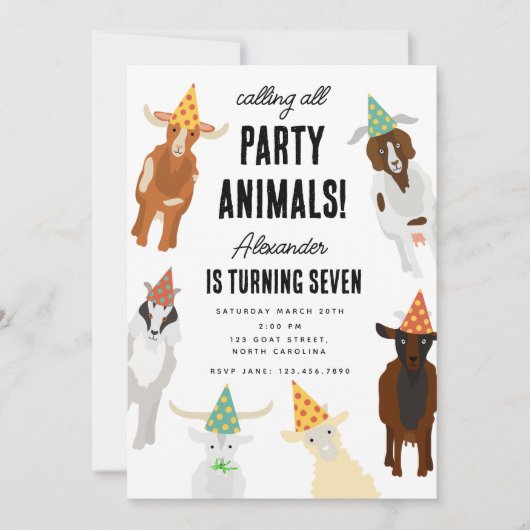 キュートヤグファームパーティー動物ヤギ誕生日テーマ 招待状 (正面)