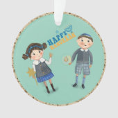 キュートユダヤ人カップル幸せハヌカーティール(緑がかった色) オーナメント (正面)