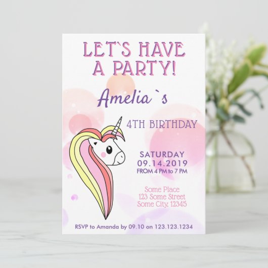 キュートユニコーンガーリー子供の誕生日 招待状 (スタンド正面)
