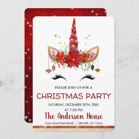キュートユニコーンクリスマスホリデーディナーパーティー 招待状 (正面/裏面)