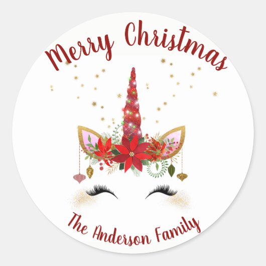 キュートユニコーンクリスマスホリデー封筒用シール ラウンドシール (正面)