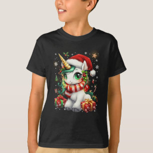 キュートユニコーンサンタ帽子クリスマスXmasガールホリデー Tシャツ