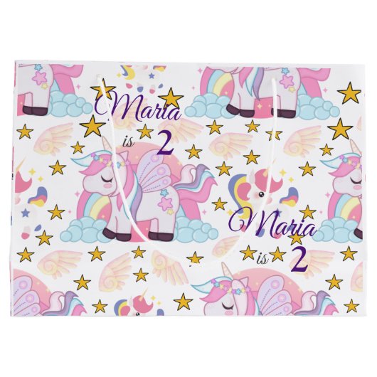 キュートユニコーンスターズマジカル名前をカスタムする ラージペーパーバッグ (裏面)