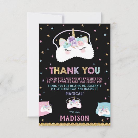 キュートユニコーンスリープマスクスランバースリープバーパーティー サンキューカード (正面)