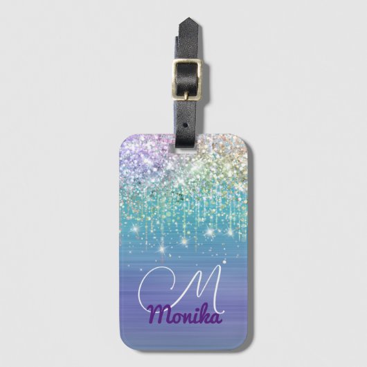 キュートユニコーンターコイズパープルグリッターフェイクグリッター ラゲッジタグ (正面縦)