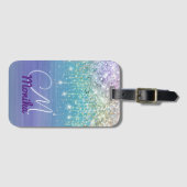 キュートユニコーンターコイズパープルグリッターフェイクグリッター ラゲッジタグ (正面横)