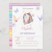 キュートユニコーンチョウカラフルストライプ誕生日 招待状 (正面/裏面)