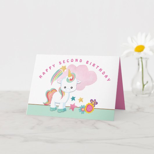 キュートユニコーンハッピーセカンド誕生日 カード (小さな植物)