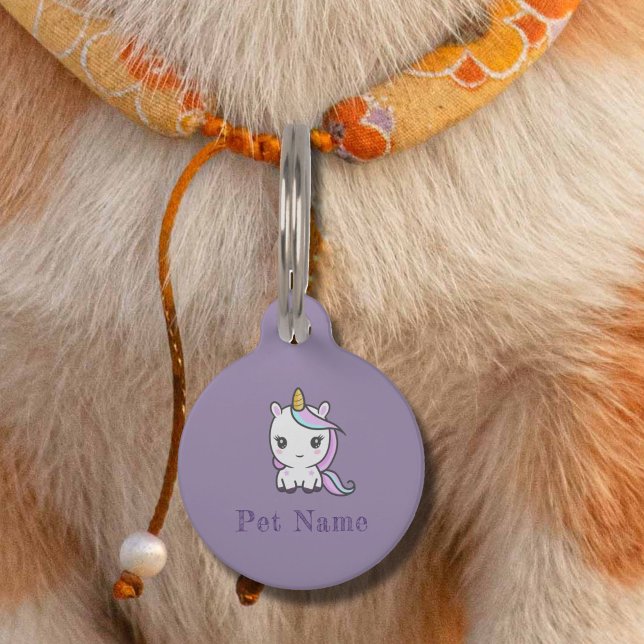 キュートユニコーンパープルペットタグ ペット　ネームタグ (Cute Unicorn Purple Pet Tag)