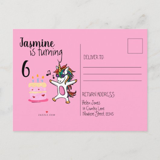 キュートユニコーンピンク誕生日 インビテーションポストカード (裏面)