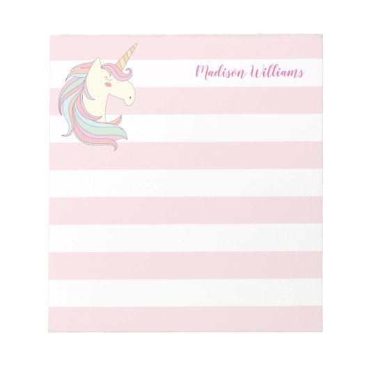 キュートユニコーンポニー魔法ファンタジーガーリーピンクストライプ ノートパッド (正面)