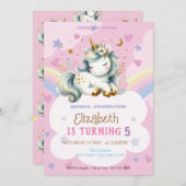 キュートユニコーンレインボースターズハート誕生日 招待状 (正面/裏面)
