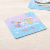 キュートユニコーンレインボーディノドヌバルーン誕生日 スクエアペーパーコースター (アングル)