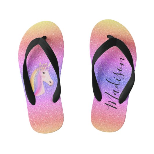 キュートユニコーンレインボーフェイクグリッターパーソナライズされた キッズビーチサンダル (フットベッド)
