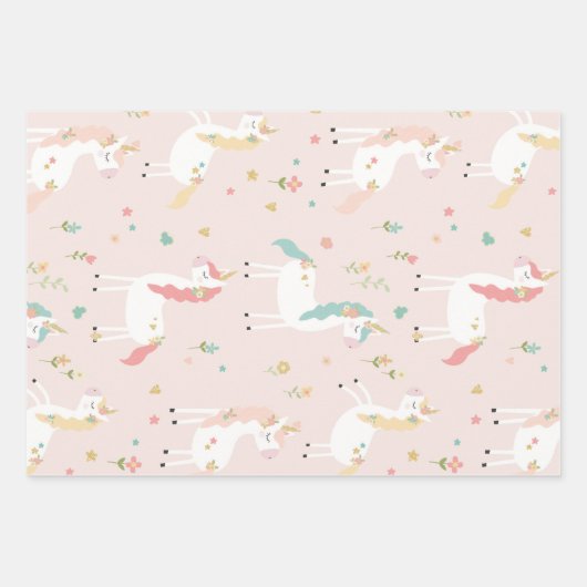 キュートユニコーンレインボー金ゴールドグリッターパステルピンクブルー ラッピングペーパーシート (正面3)