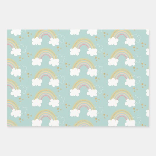 キュートユニコーンレインボー金ゴールドグリッターパステルピンクブルー ラッピングペーパーシート (正面2)