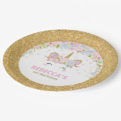 キュートユニコーン第1誕生日フローラ金ゴールドグリッター ペーパープレート (アングル)