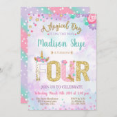 キュートユニコーン誕生日4パーティの招待状 招待状 (正面/裏面)