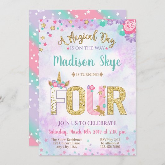 キュートユニコーン誕生日4パーティの招待状 招待状 (正面/裏面)