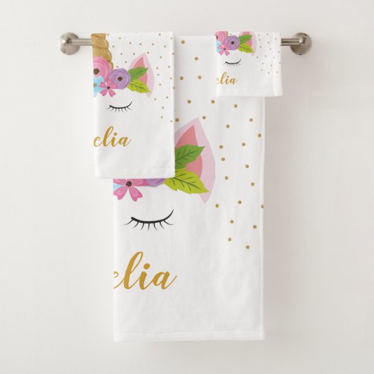 キュートユニコーン金ゴールドグリッターガーリー名前をカスタムする バスタオルセット (インサイチュ)