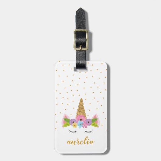 キュートユニコーン金ゴールドグリッターガーリー名前をカスタムする ラゲッジタグ (正面縦)