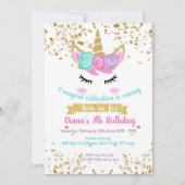 キュートユニコーン金ゴールドグリッターガールズマジカル誕生日 招待状 (正面)