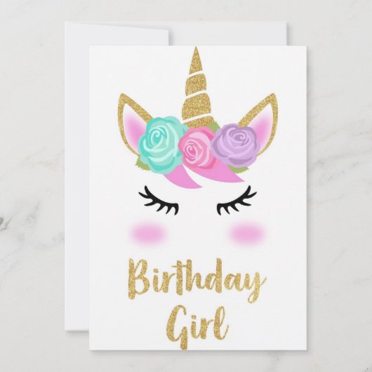 キュートユニコーン金ゴールドグリッターガールズマジカル誕生日 招待状 (裏面)