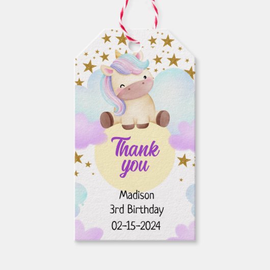キュートユニコーン&金ゴールドスター誕生日 ギフトタグ (正面)