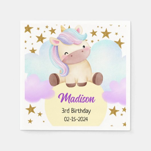 キュートユニコーン&金ゴールドスター誕生日 スタンダードカクテルナプキン (正面)