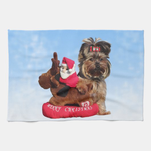 キュートヨークシャーテリアメリークリスマス キッチンタオル (横)