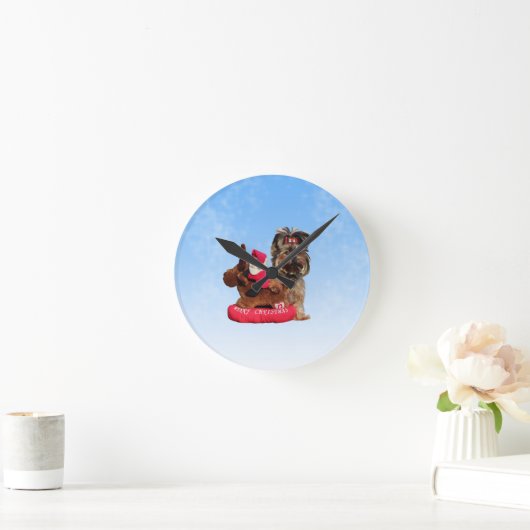 キュートヨークシャーテリアメリークリスマス ラウンド壁時計 (ホーム)