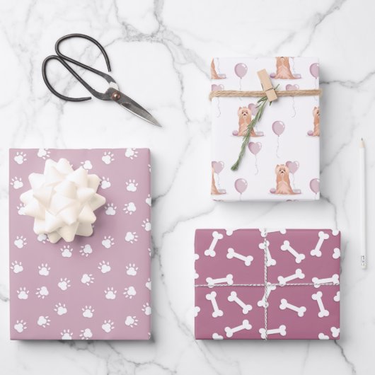 キュートヨークシャーテリアー誕生日 ラッピングペーパーシート (正面)
