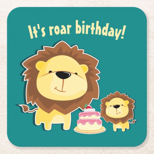 キュートライオンアンドベビークブ子供の誕生日 スクエアペーパーコースター (正面)