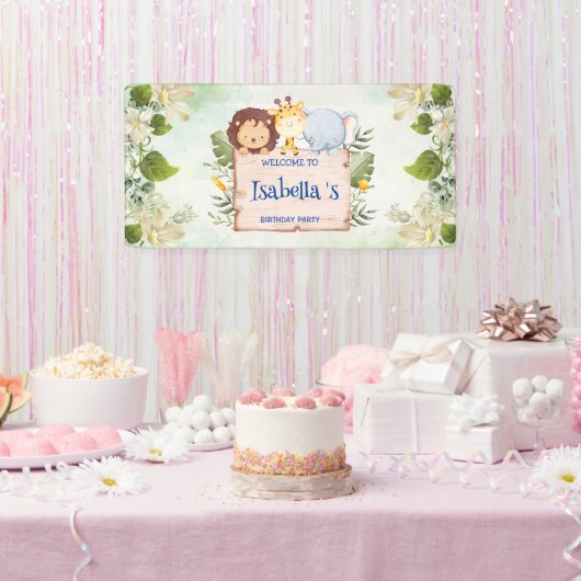 キュートライオンキリン熱帯花の誕生日パーティー 横断幕 (パーティー)
