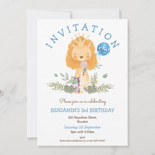 キュートライオンクラウン離れズボーイズ第3誕生日パーティー 招待状 (正面)