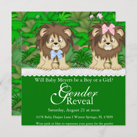 キュートライオンサファリジェンダーリビールパーティの招待状 招待状 (正面/裏面)