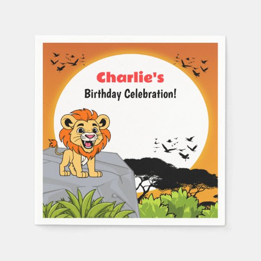 キュートライオンサファリトロピカルジャングルマンガ誕生日 スタンダードカクテルナプキン (正面)