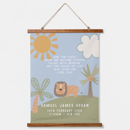キュートライオンバイブル聖句誕生統計ボーイズ子供部屋 吊り下げ型タペストリー (正面)