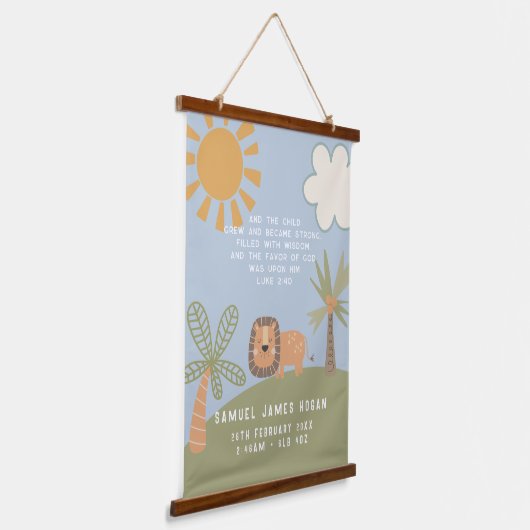 キュートライオンバイブル聖句誕生統計ボーイズ子供部屋 吊り下げ型タペストリー (傾斜あり)