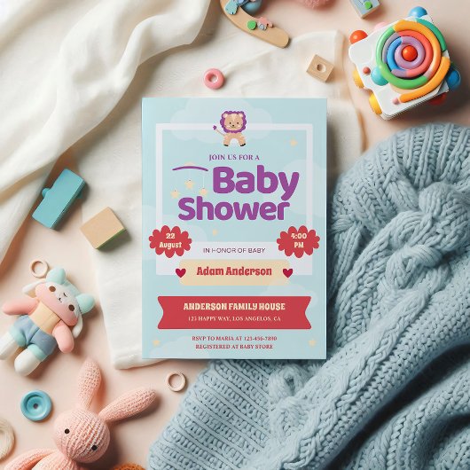 キュートライオンベビーシャワー招待状男女兼用- 招待状