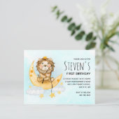 キュートライオン魚釣りオンザムーンウォーター色誕生日 インビテーションポストカード (スタンド正面)