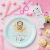 キュートライオン魚釣りオンザムーンウォーター色誕生日 ペーパープレート (パーティー)