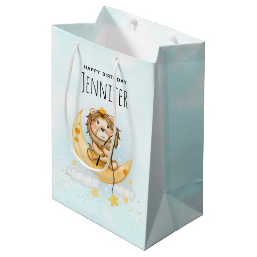 キュートライオン魚釣りオンザムーンウォーター色誕生日 ミディアムペーパーバッグ (正面アングル)