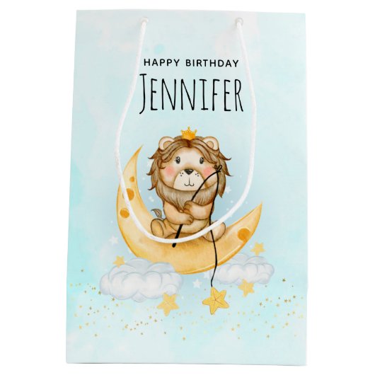 キュートライオン魚釣りオンザムーンウォーター色誕生日 ミディアムペーパーバッグ (裏面)