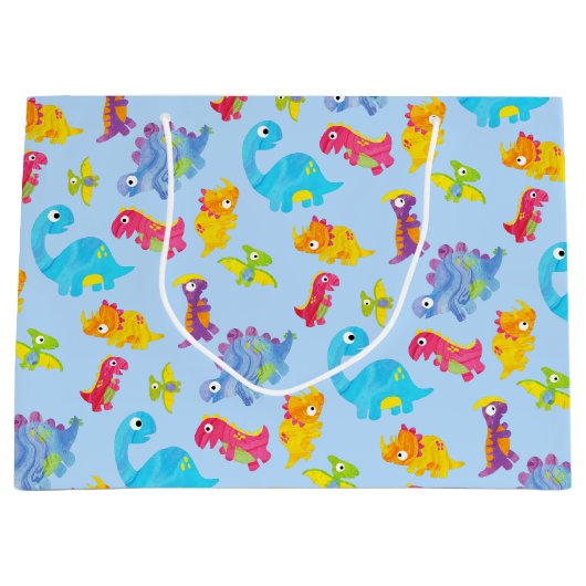 キュートライトパステルブルーベビー恐竜誕生日 ラージペーパーバッグ (正面)