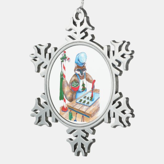 キュートラクーンシェフベーキングクリスマス休暇 スノーフレークピューターオーナメント (右)