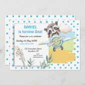 キュートラクーンパイロットブルードットファースト誕生日パーティー 招待状 (正面/裏面)