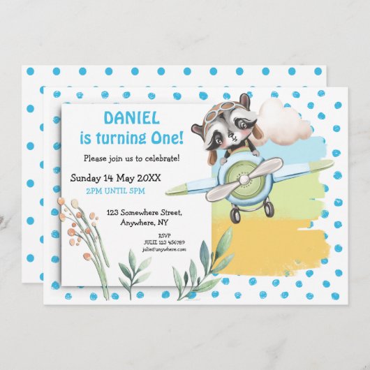 キュートラクーンパイロットブルードットファースト誕生日パーティー 招待状 (正面/裏面)