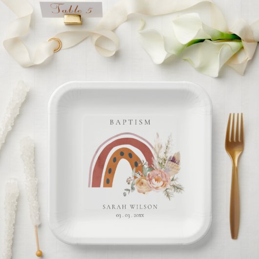 キュートラストオレンジボホフローラレインボークロスバプテスマ ペーパープレート (ウェディング)